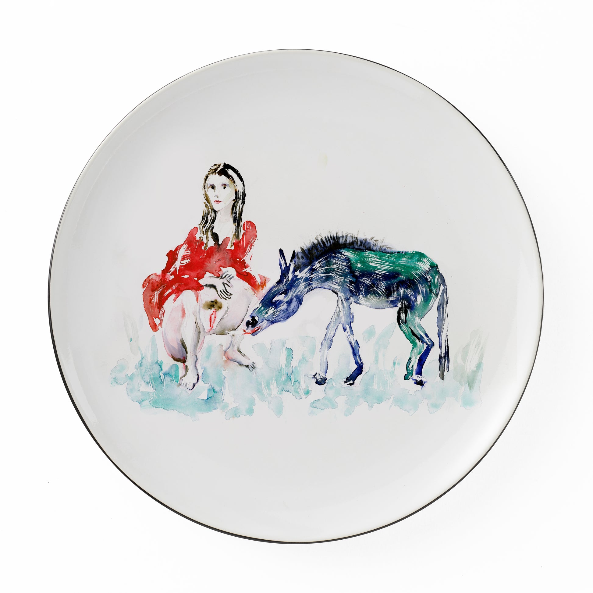 Decorative plate with a colorful illustration of a woman and donkey on a white background